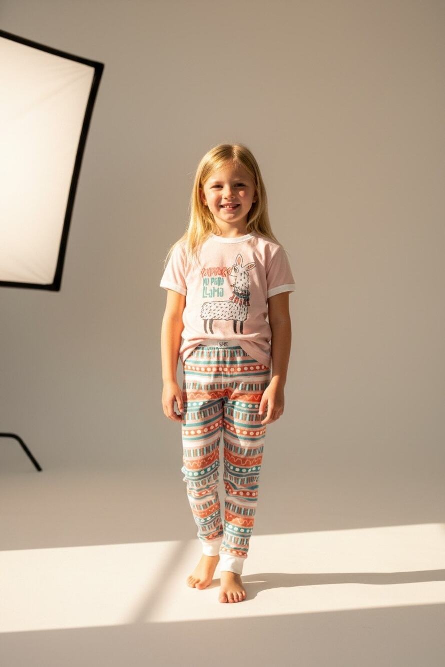 Lazy One Girls Size 10 Llama Pajama Set Pink Short Sleeve Top Pants Cotton PJs